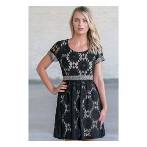 Soieblu Women's Short Sleeve A-Line Dress Black/Beige Floral Lace Overlay Size M